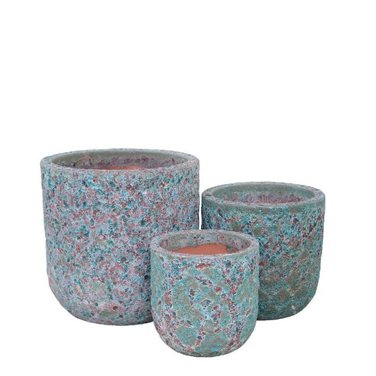 PTMD Hiza Groene ronde keramische pot ruwe afwerking laag SV3
