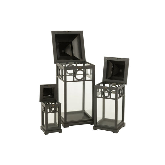 J-Line J-Line lantaarn Ibiza - hout - zwart - 3 stuks