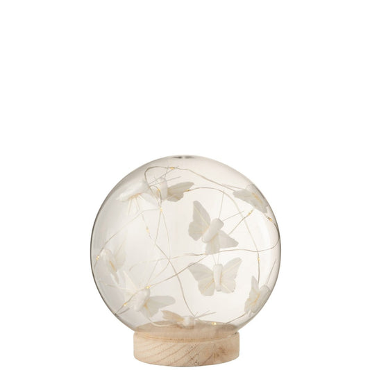J-Line J-Line Stolp met vlinders - glas/ hout - naturel - L - LED lichtjes