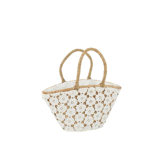 J-Line J-Line Strandtas Kant Bloem Patroon Jute Naturel/Wit