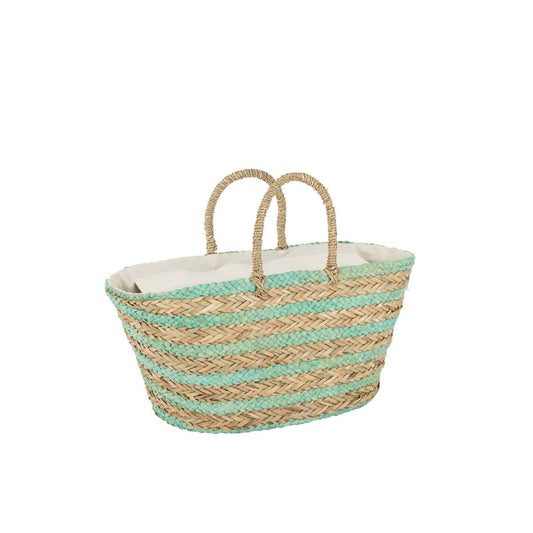 J-Line J-Line Strandtas Korte Handvatten Horizontale Streep Jute Naturel/Blauw