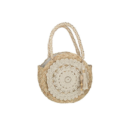 J-Line J-Line Strandtas Rond+Kwast/Houten Kralen Zeegras/Kant Nat/Wit