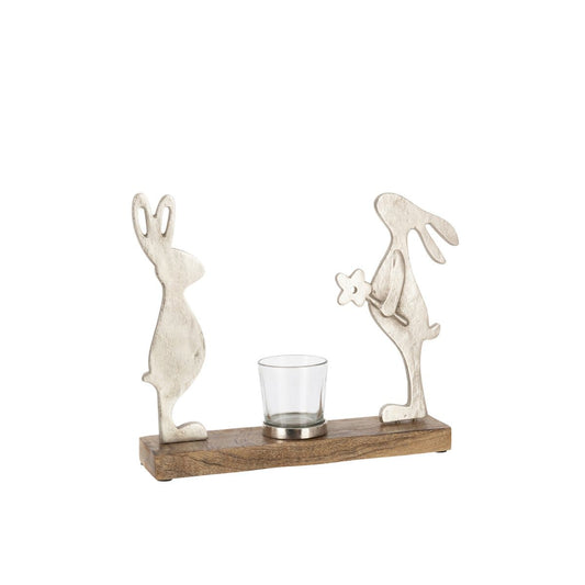 J-Line J-Line Thee Licht Houder Konijnen Mango Hout/Ijzer Zilver Naturel