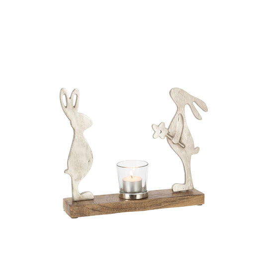 J-Line J-Line Thee Licht Houder Konijnen Mango Hout/Ijzer Zilver Naturel