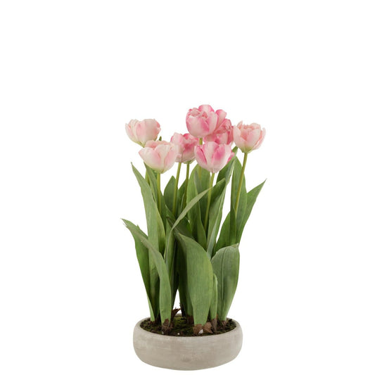 J-Line J-Line Tulpen In Pot Cement Grijs Plastiek Roze/Groen