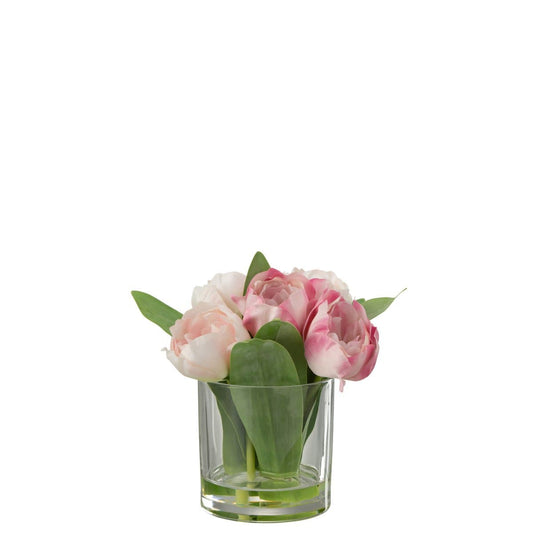 J-Line J-Line Tulpen In Vaas Rond Plastiek Glas Roze Small