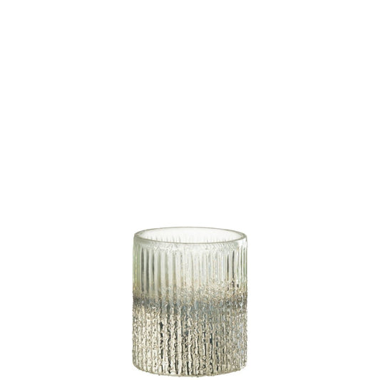 J-Line J-Line windlicht Geribbeld - glas - zilver - medium - 2 stuks