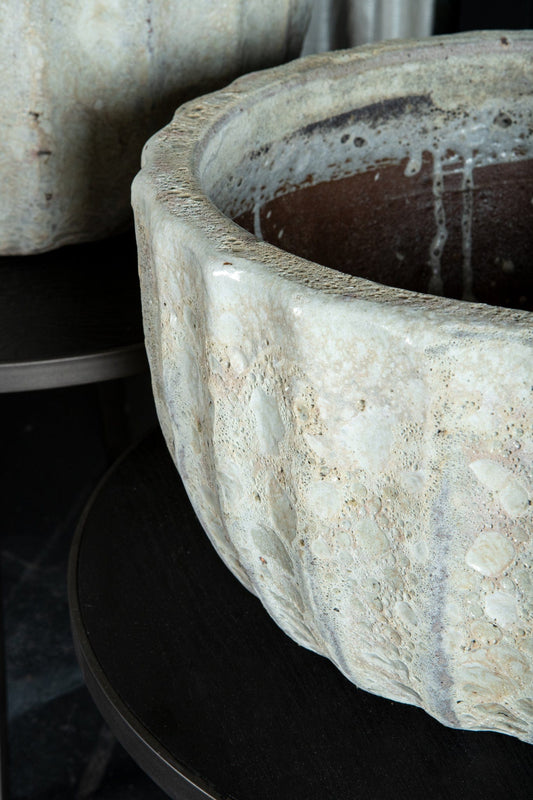 PTMD Javier Grijze keramische pot geribbeld rond set van 2