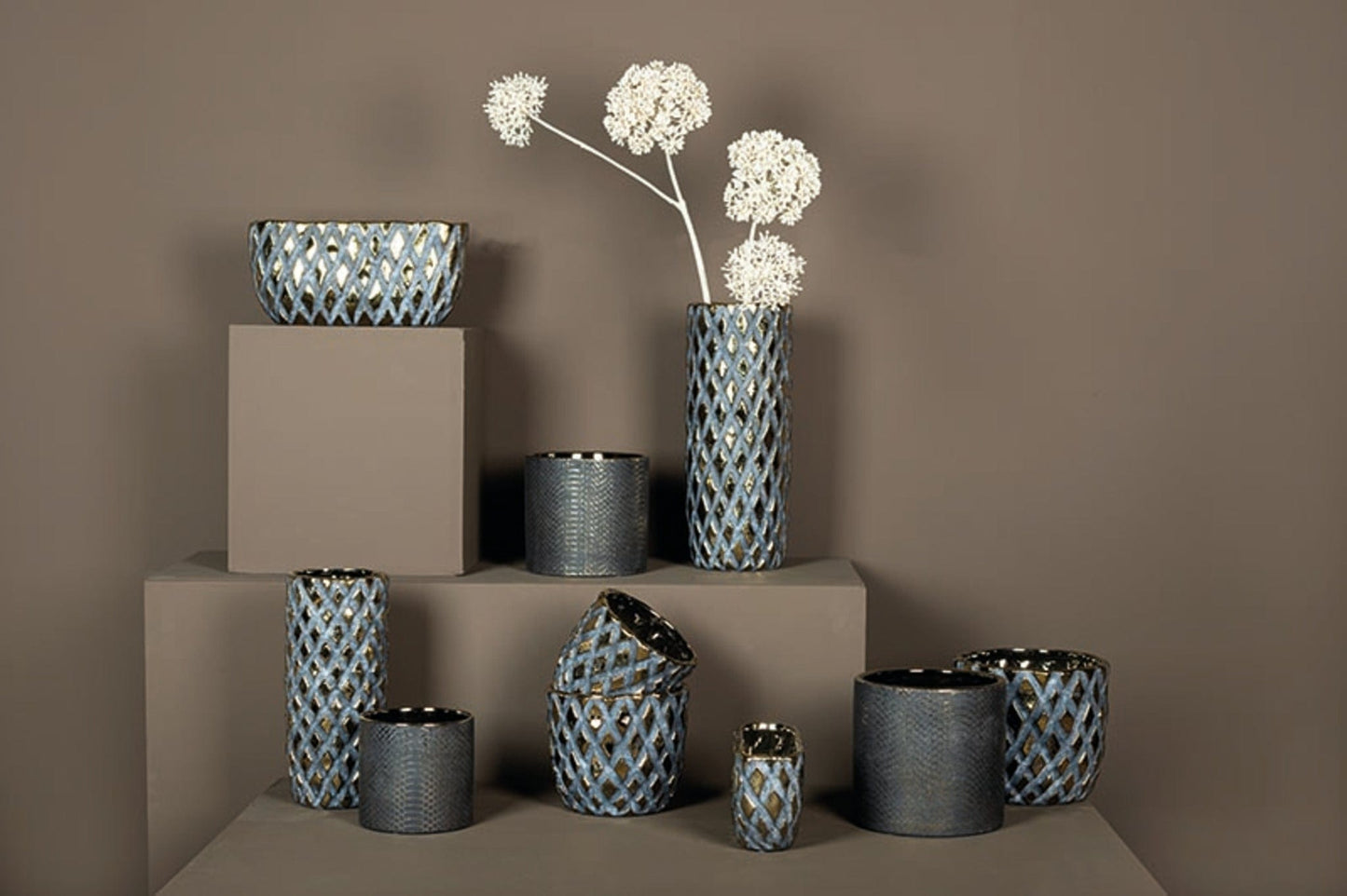 PTMD Juney Gold keramische pot rhombus patt rond hoog L