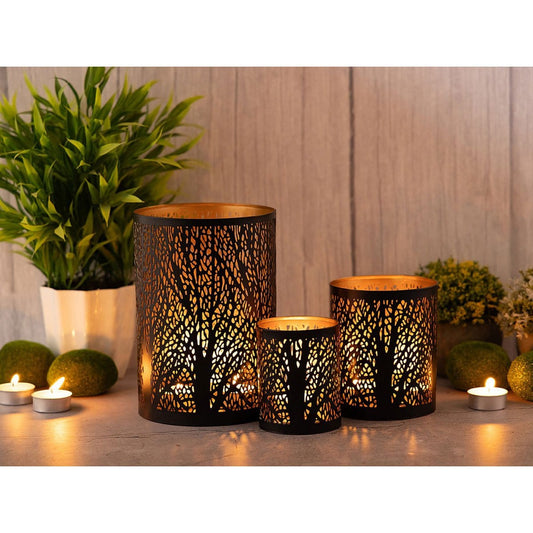 Voglrieder kreatives Wohnen Lantaarn set van 3 kandelaars Forest theelichthouder rond zwart goud
