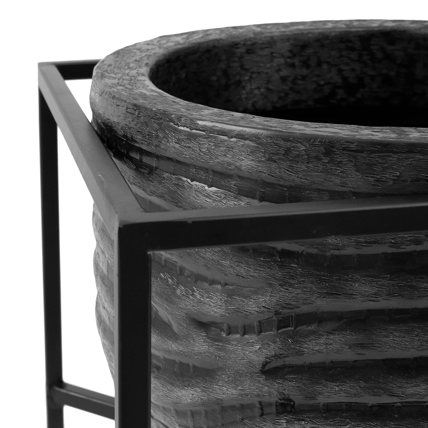 PTMD Lesley Zwarte borstel alu pot op zwart ijzeren standaard SV2