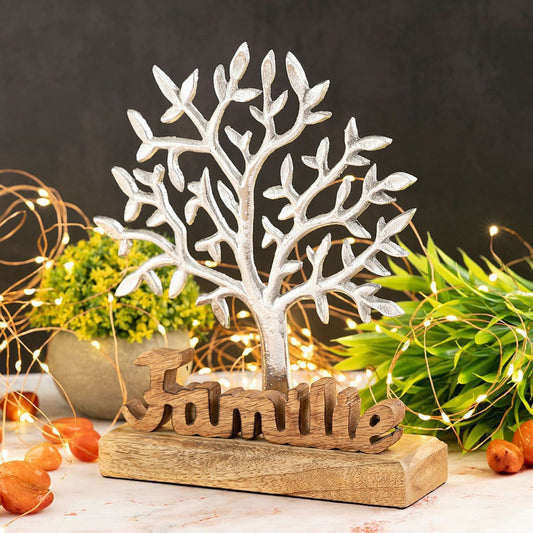 Voglrieder kreatives Wohnen Levensboom met opschrift familie houten figuur 20x27cm sierfiguur aluminium mangohout
