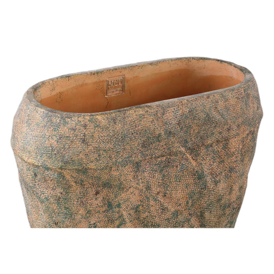 PTMD Lourdes Bruine cementpot jute patroon groen ovaal L