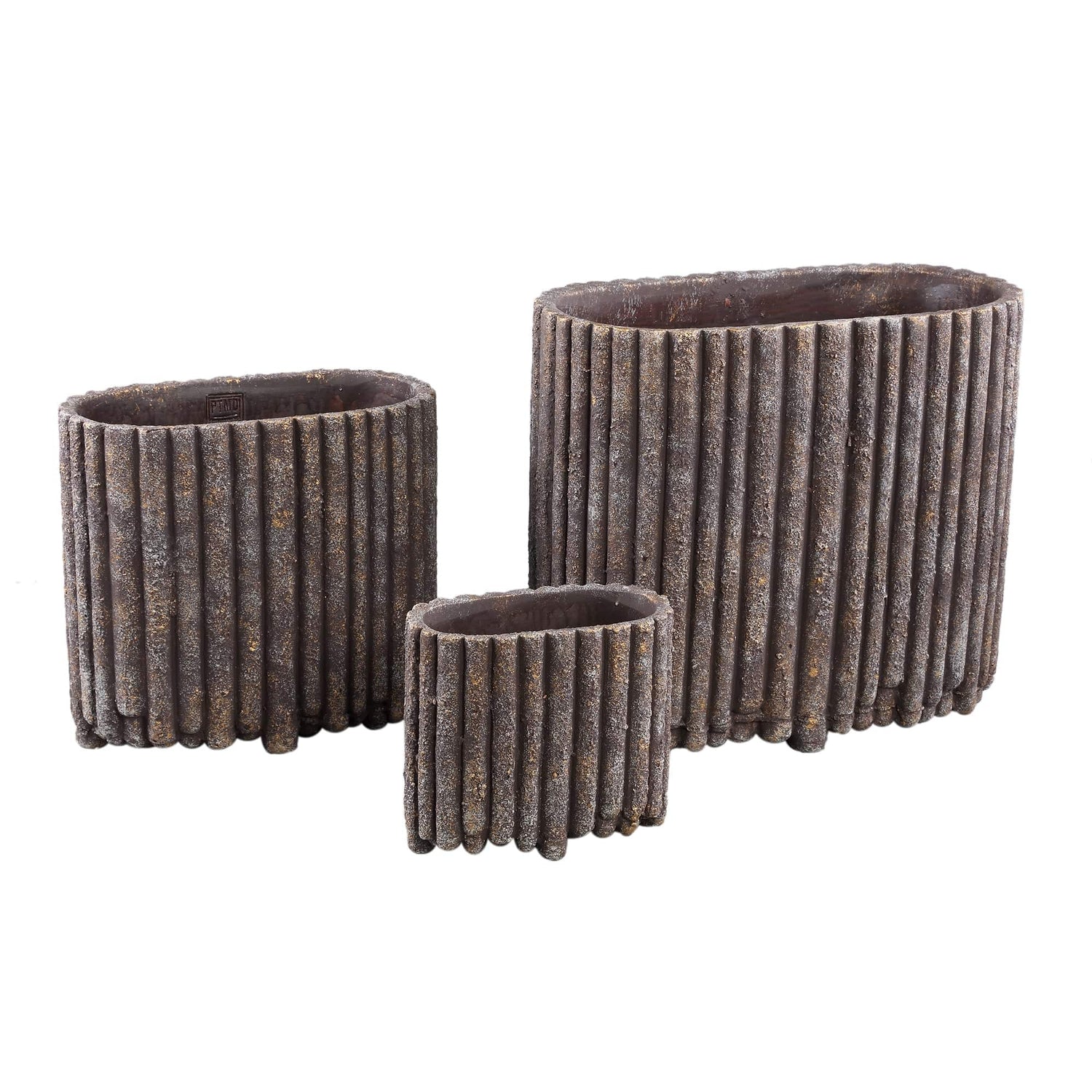 PTMD Morganne Brown ovale cementpot geribbelde lijnen L