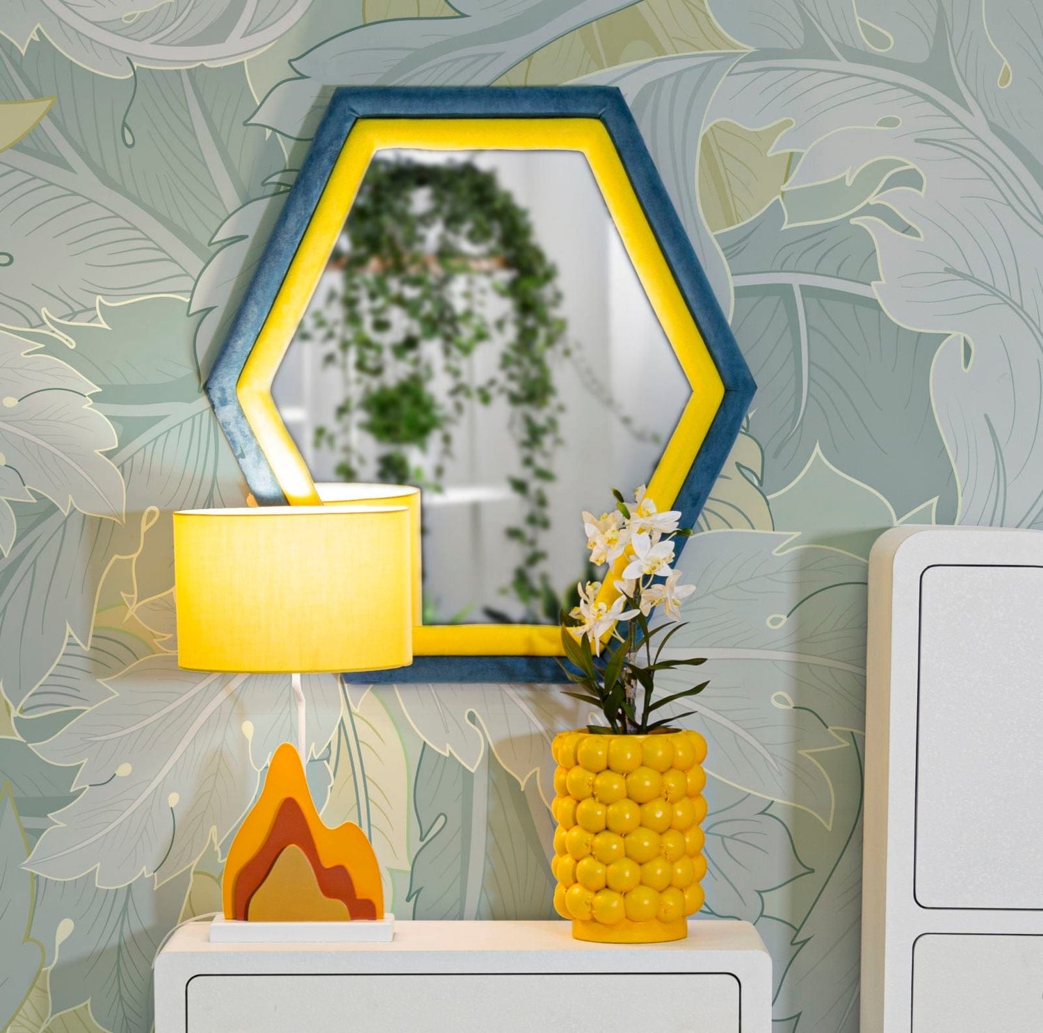 Mauro Ferretti WALL MIRROR TONY BLUE/YELLOW VELVET CM 75X4X80